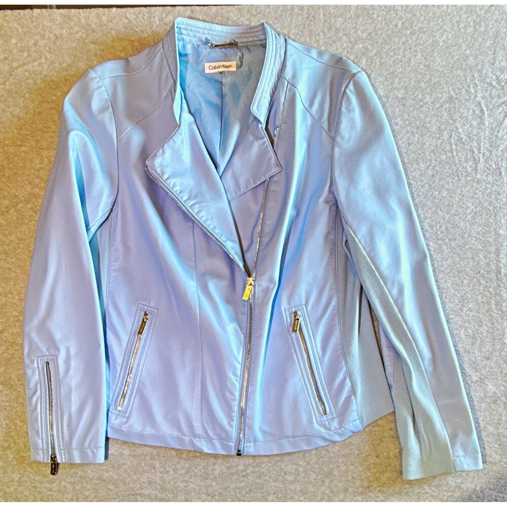 Calvin Klein Women’s Blue Faux Leather Biker Jacket Full Zip Size XL #0025